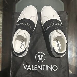 New Valentino White Sneakers with Shiny Black Strap